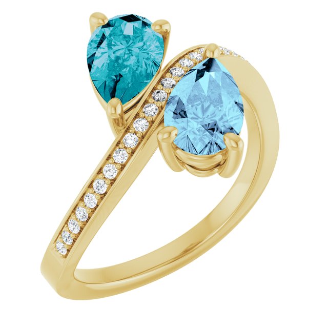 14K Yellow Natural Aquamarine, Natural London Blue Topaz & 1/8 CTW Natural Diamond Ring